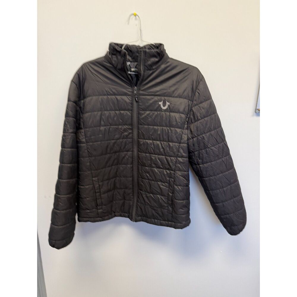 True Religion Puffer Jacket Mens M Black Full Zip Quilted Horseshoe Logo Coat